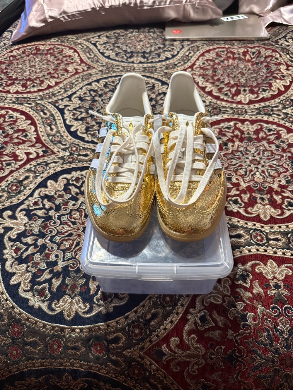 adidas Metallic Gold Classic Sneakers with White Stripes - Picture 2 of 4